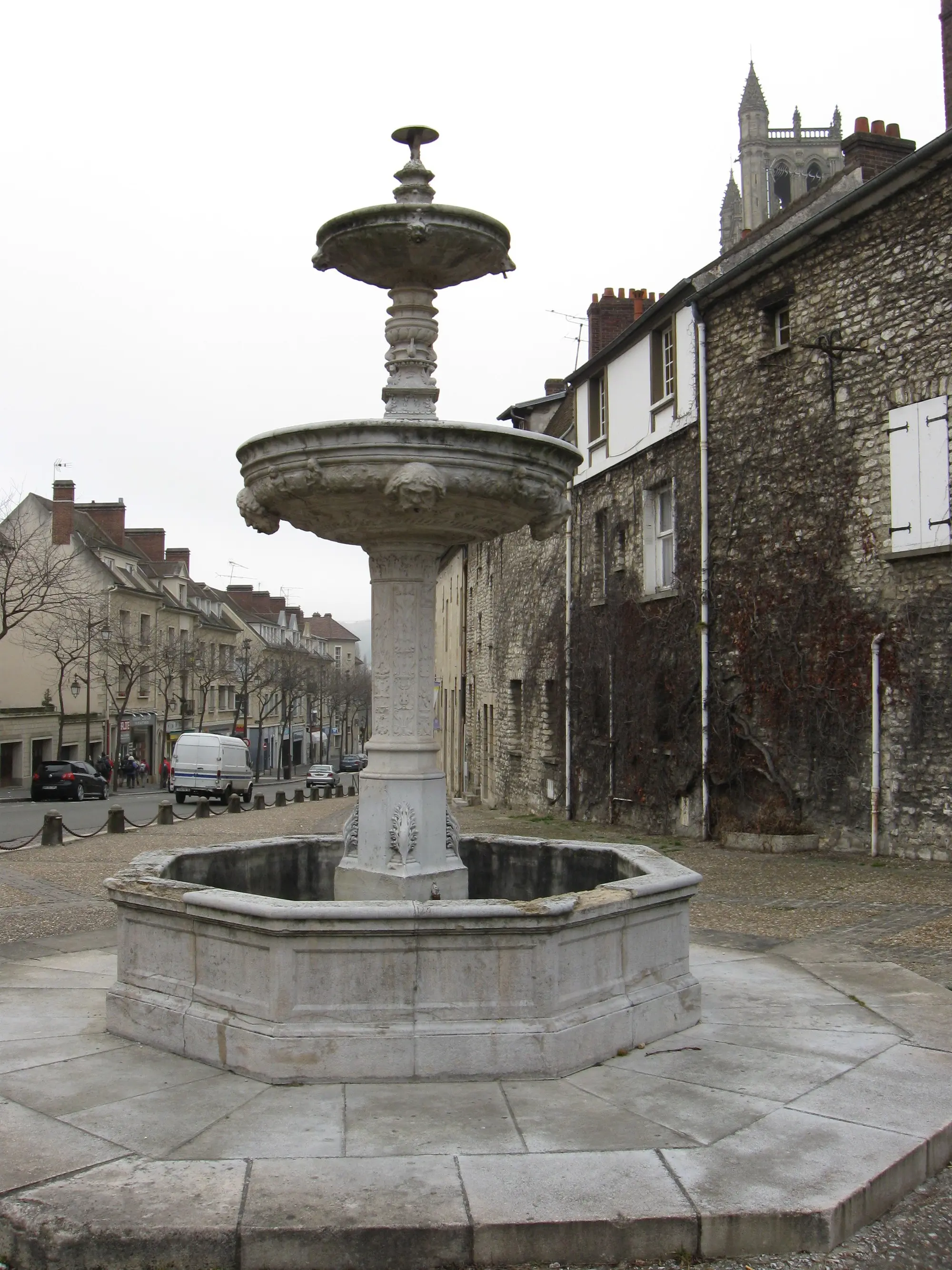 La fontaine de l'Hôtel-de-Ville, une vasque de pierre sur un bassin octogonal, la tour de la collégiale derrière les toits