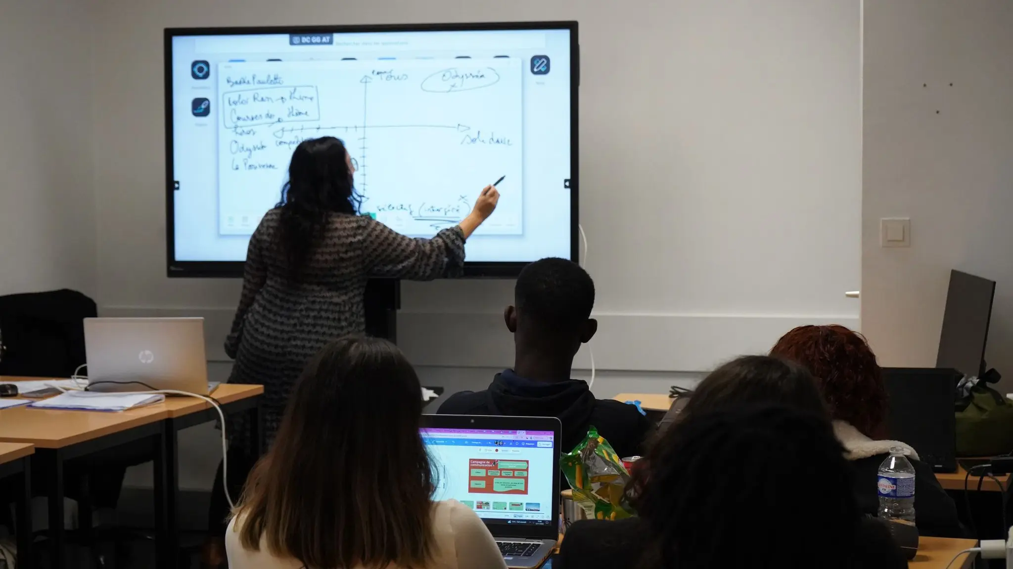 Salle de cours en situation : formatrice à l'écran interactif devant les étudiants