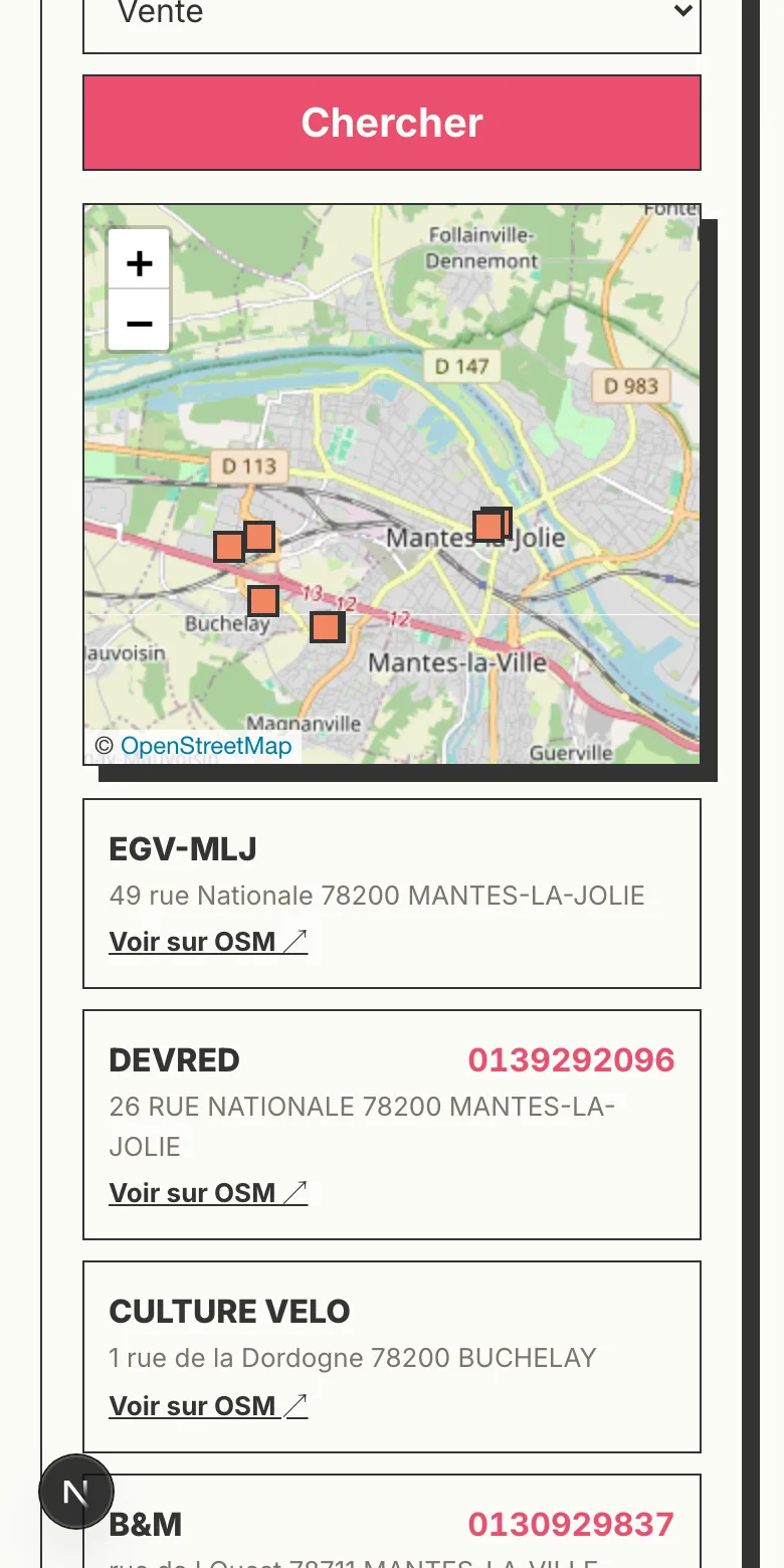La prospection : recherche « Mantes-la-Jolie », carte OpenStreetMap avec les entreprises à démarcher