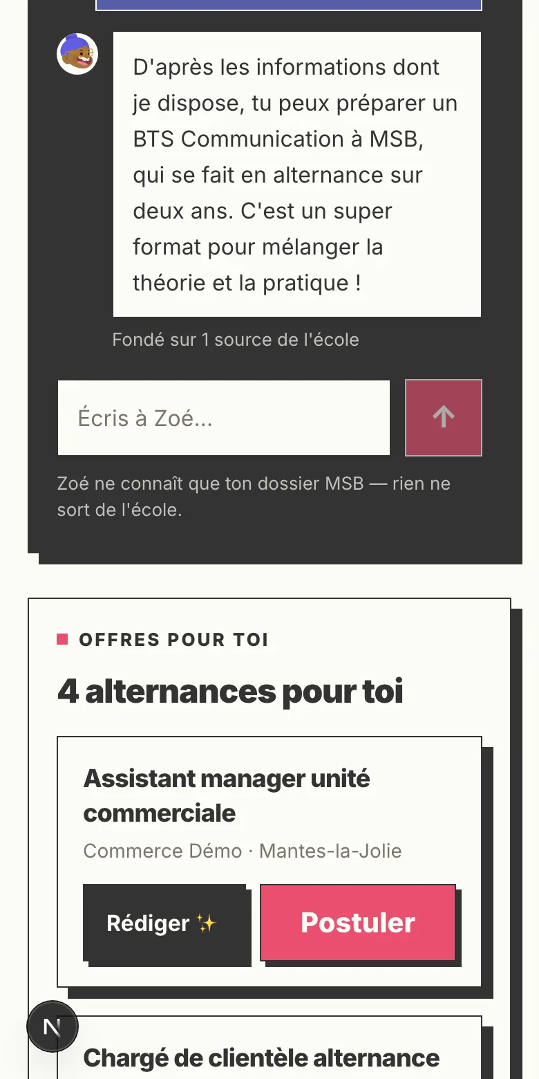 Le compagnon Gemantes personnalisé en « Zoé » : choix d'avatar et de ton, vraie conversation sur les formations MSB