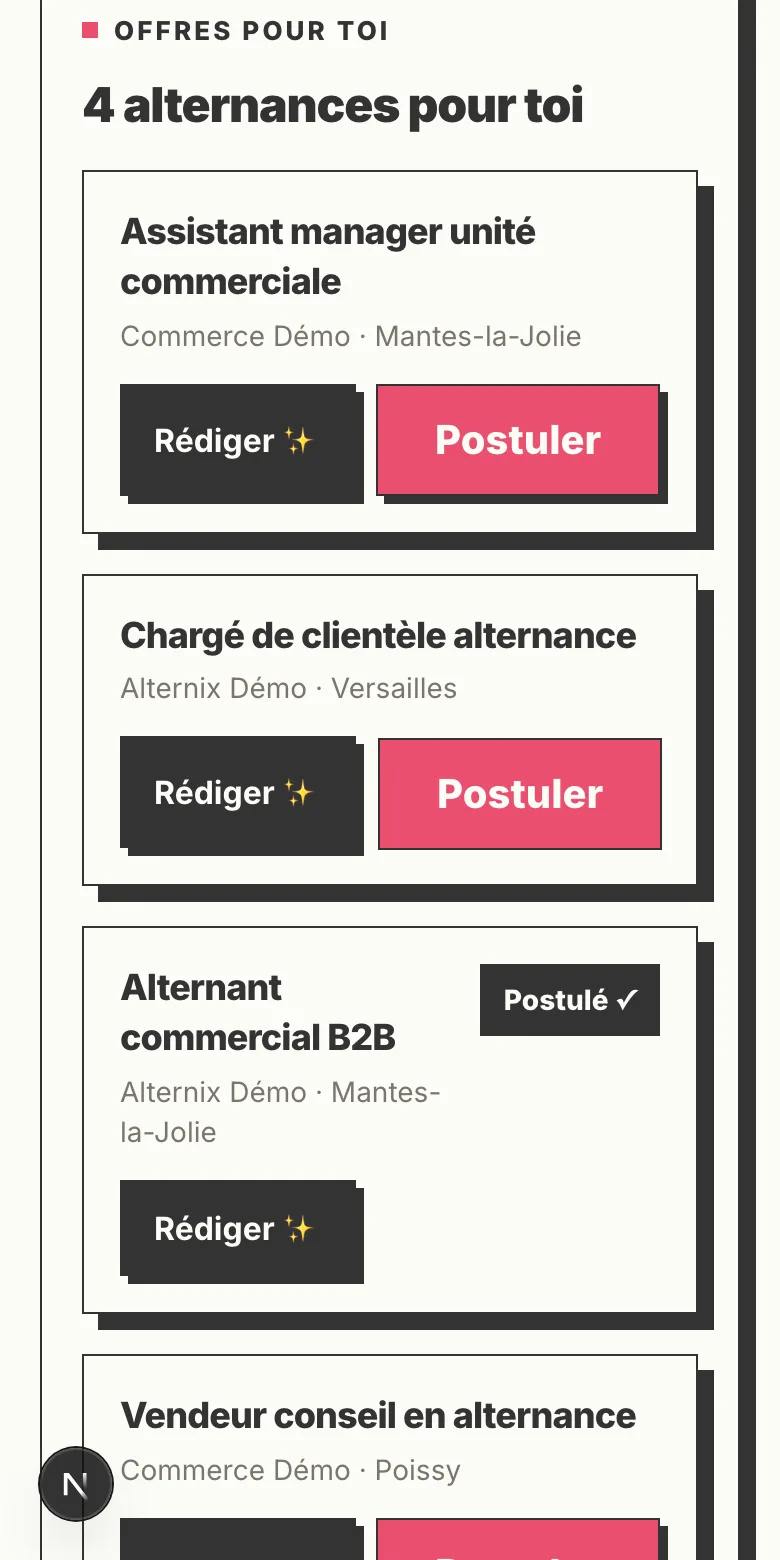 Le jobboard : offres d'alternance avec boutons Rédiger (brouillon IA) et Postuler