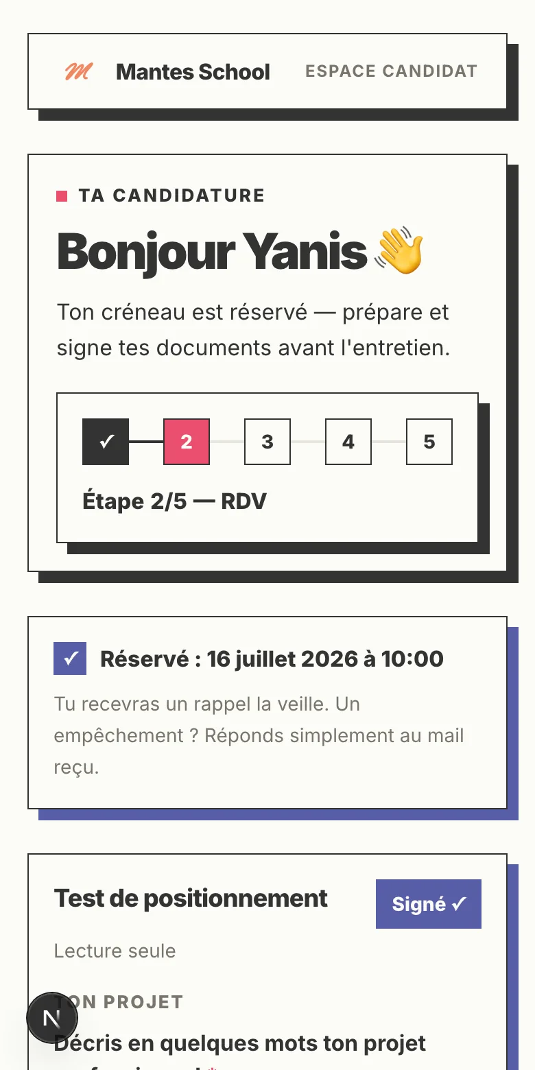 L'espace candidat : bonjour Yanis, frise d'avancement étape 2 sur 5, rendez-vous réservé, test de positionnement signé